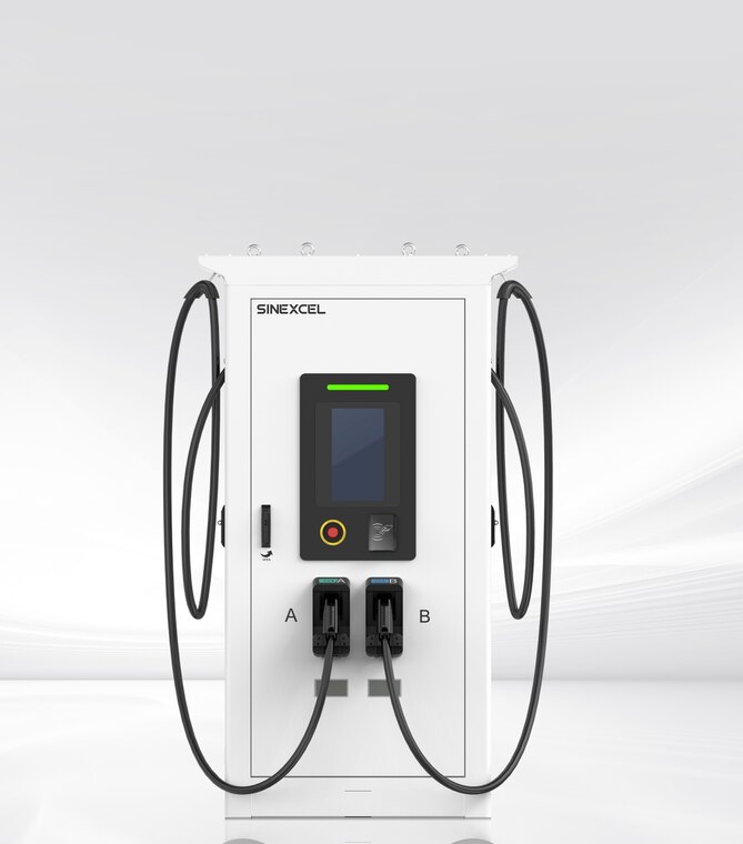 Sinexcel SEC 160 integrated DC charger with two CCS2 cables and a 15 inch screen