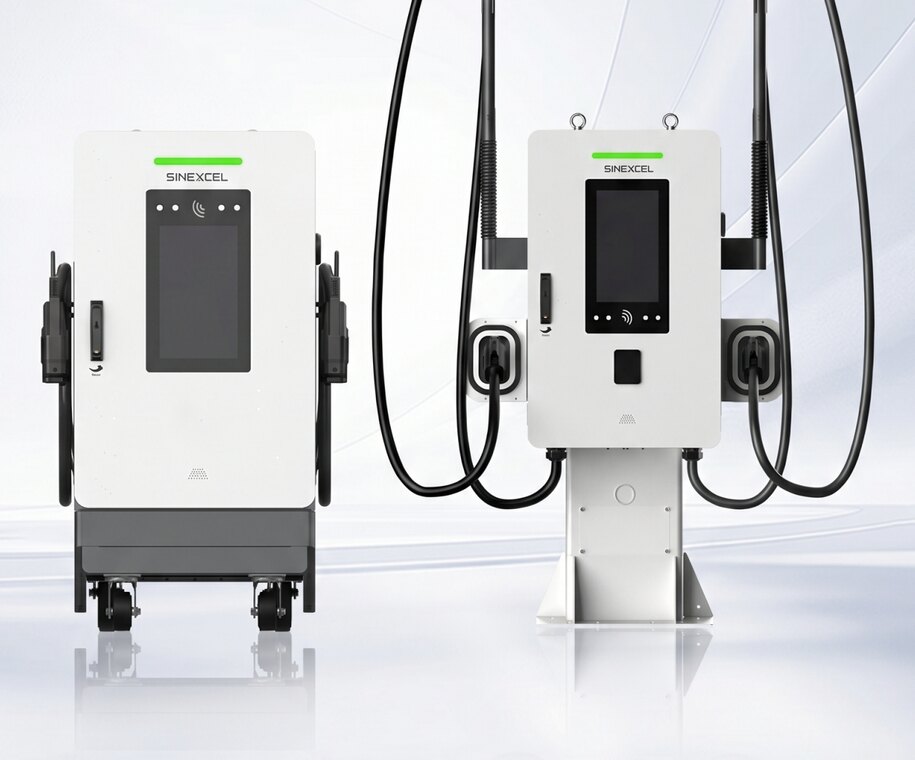 Sinexcel SEC 60: the mobile version on wheels beside the pedestal version, both with two CCS2 cables
